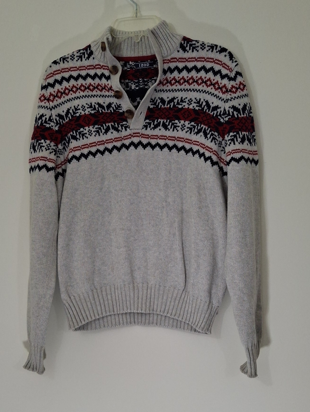 Izod Men's Light Gray Fair Isle Zip-Up Sweater with Red & Black Pattern, Small